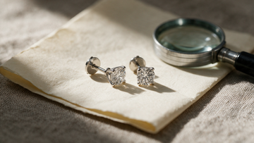 Diamond solitaire studs resting on a folded laboratory report beside a jeweller's loupe
