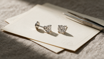 Diamond studs resting on overlapping blank certificate documents with jeweller's tweezers