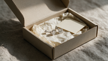 Diamond studs in a plain open shipping box with tissue paper