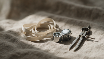 A tailor's measuring tape coiled beside a jeweller's loupe and steel calipers