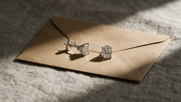 Diamond solitaire studs resting on a plain kraft paper envelope