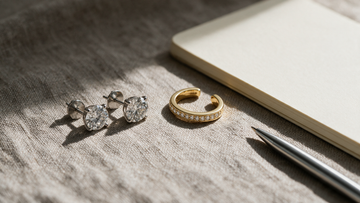 Diamond studs and an ear cuff arranged as a flat lay beside a notebook and pen