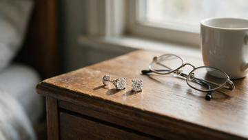Diamond studs left casually on a bedside table beside reading glasses and a mug
