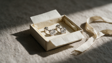 Diamond studs in a small open gift box with plain cream tissue