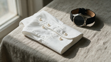 A folded white shirt cuff beside a plain steel watch on linen