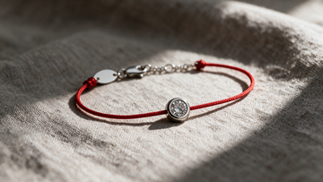 Token of Love red silk cord bracelet with a bezel-set diamond, coiled on linen