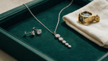 Carat Club Co. lab-grown diamond solitaire studs and five-stone pendant necklace on a deep green velvet tray
