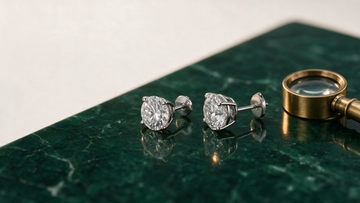 A pair of round brilliant diamond solitaire studs beside a jeweller's loupe on a deep green surface