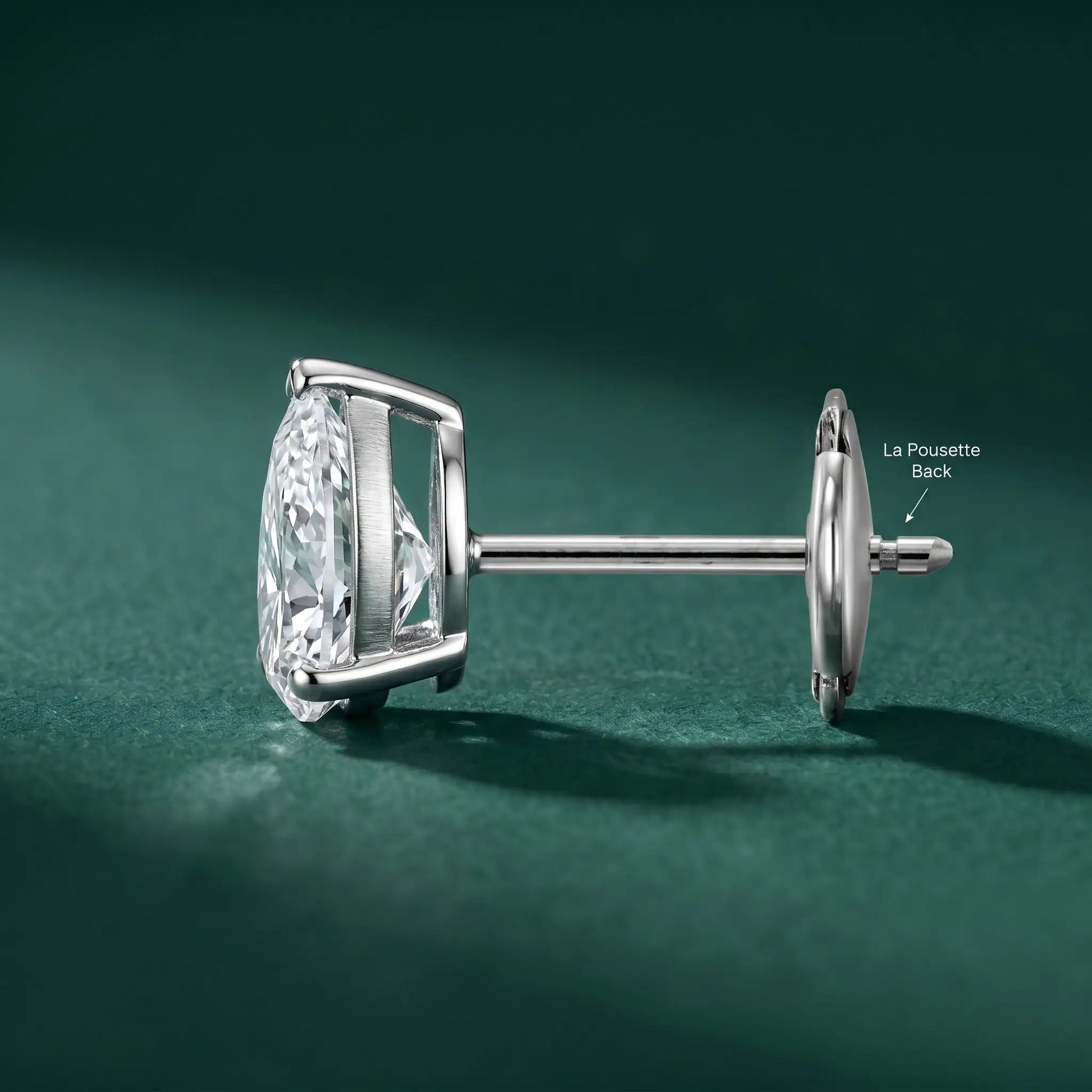 Paradigm pear-cut lab-grown diamond stud earrings worn on the ear