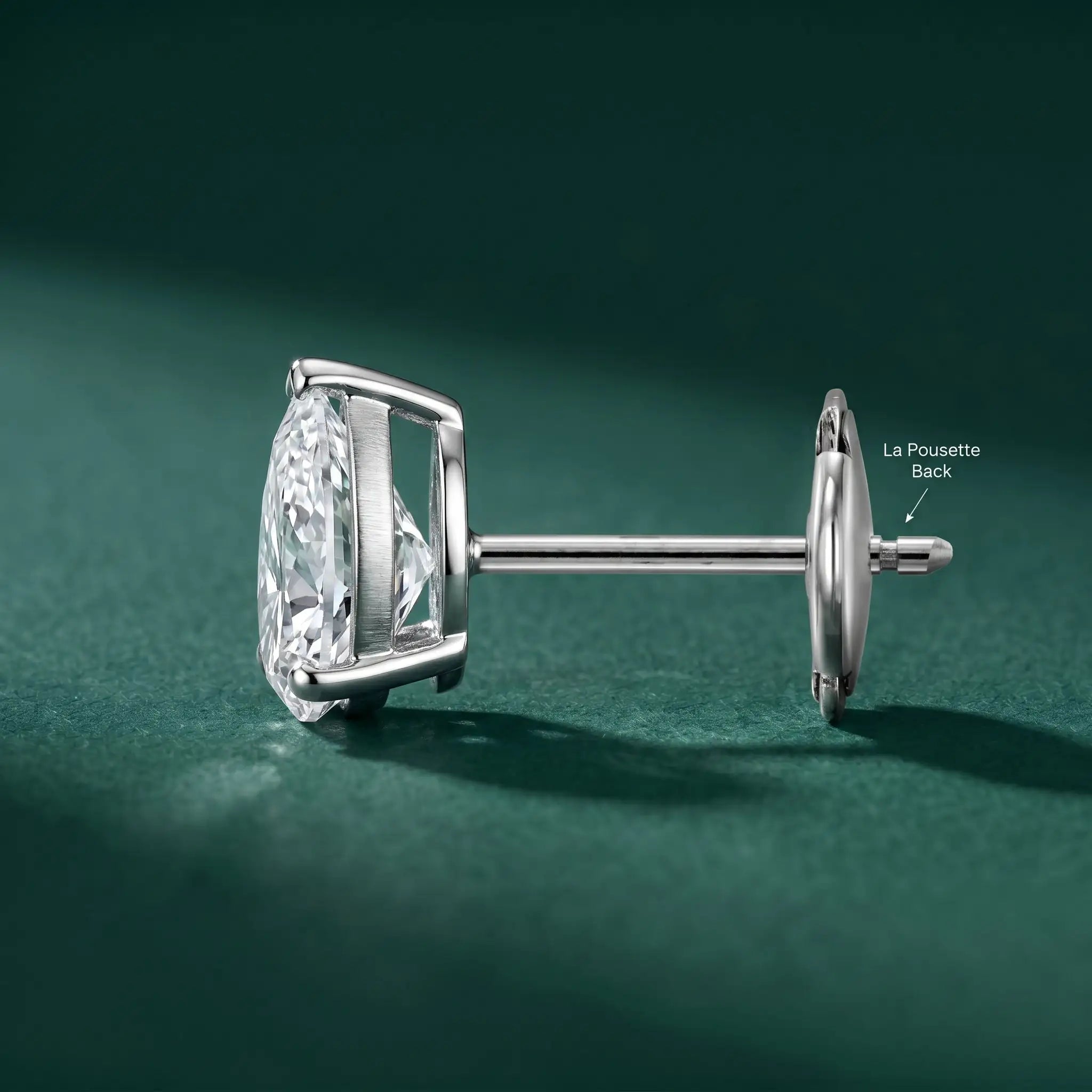 Paradigm pear-cut lab-grown diamond stud earrings worn on the ear